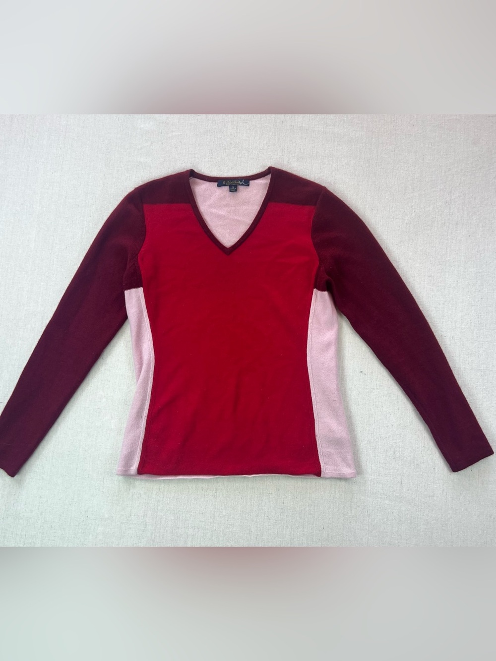 Women’s Pure Cashmere Red & Pink Colorblock Preppy V-Neck Long Sleeve Top - S